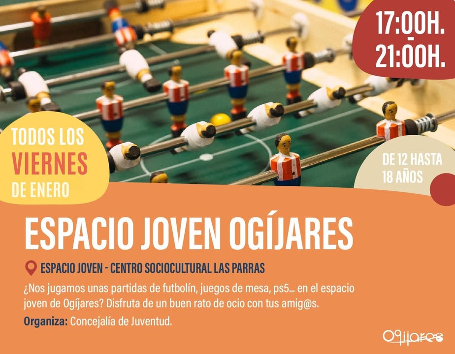 🎮 ¡Viernes de diversión en el Espacio Joven de Ogíjares! 🎲⚽  
  
¿Te apetece una partida de futbolín, PS5 o juegos de mesa con tus amig@s? 😎  
...