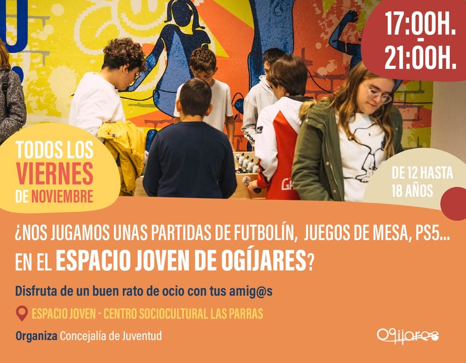 🎮 ¡Viernes de diversión en el Espacio Joven de Ogíjares! 🎲⚽  
  
¿Te apetece una partida de futbolín, PS5 o juegos de mesa con tus amig@s? 😎  
...