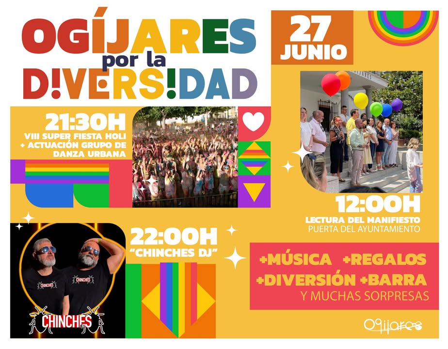 🏳️🌈 Ogíjares por la Diversidad
El 27 de junio celebramos el Día del Orgullo con un día lleno de color, respeto y diversión.
📜Lectura ... 🏳️🌈 Ogíjares por la Diversidad
El 27 de junio celebramos el Día del Orgullo con un día lleno de color, respeto y diversión.
📜Lectura ...