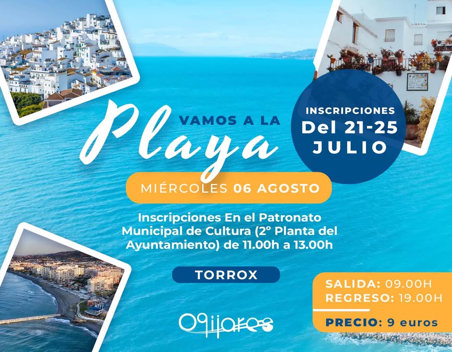 🌊 ¡Vamos a la playa!  
  
📅 Miércoles 6 de agosto  
📍 Destino: Torrox Costa (Málaga)  
🕘 Salida: 9:00 h | Regreso: 19:00 h  
💶 Precio: 9€ (aut...