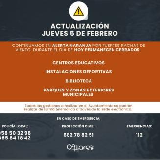 📢 AVISO IMPORTANTE | ALERTA NARANJA  
  
Desde el Ayuntamiento de Ogíjares recordamos a la ciudadanía que seguimos  en situación de alerta naranja...