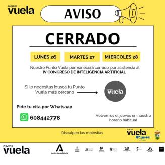 📢 Aviso: cierre temporal del Punto Vuela de Ogíjares  
  
El Punto Vuela permanecerá cerrado los días 26, 27 y 28 de octubre por asistencia al IV ...