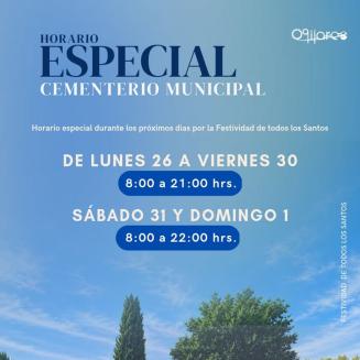 🕊️ Con motivo de la Festividad de Todos los Santos, el Cementerio Municipal de Ogíjares contará con un horario especial para facilitar las visitas ...