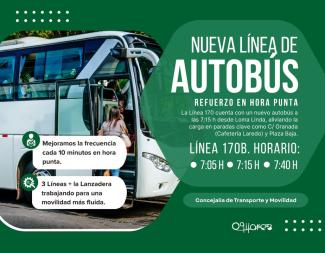 🚌 ¡Nueva mejora en el transporte público de Ogíjares!  
  
Desde hoy, la línea 170B se refuerza en la hora punta de la mañana con un nuevo autobús...