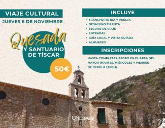 🎒 VIAJE DE MAYORES A QUESADA Y SANTUARIO DE TÍSCAR 🏞️  
  
📅 Jueves, 6 de noviembre  
💶 Precio: 50 € por persona  
  
El Área del Mayor promueve...