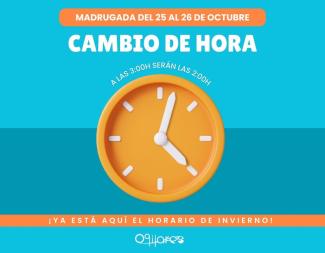 🕒 ¡Recuerda! Cambio de hora este fin de semana  
  
La madrugada del sábado 25 al domingo 26 de octubre, los relojes se retrasan una hora.  
⏰ A ...