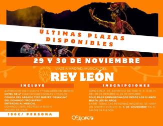 🎭✨ ¡Últimos días para apuntarte al viaje más esperado del año!  
  
X Viaje a Madrid – Musical “El Rey León” 🦁  
  
Dos días de emoción, cultura...