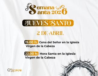 ✝️ Hoy, Ogíjares vive el Jueves Santo, una jornada marcada por el recogimiento y la tradición  
  
📍 19:00 h Cena del Señor  
📍 22:00 h Hora Sant...
