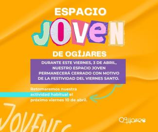 📢 ¡Atención, jóvenes!  
  
Con motivo de la festividad del Viernes Santo, el Espacio Joven de Ogíjares permanecerá cerrado este viernes.  
  
📅 E...