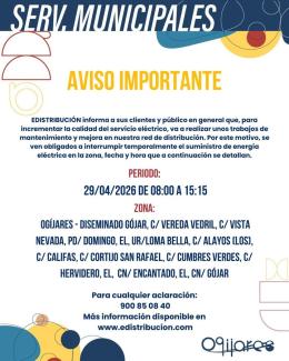 ⚠️ Aviso de interrupción temporal del suministro eléctrico  
  
E-Distribución informa de un corte programado de suministro por trabajos de manteni...