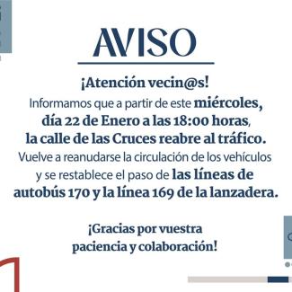 🚧 ¡Buenas noticias! 🚧  
  
A partir de mañana, reabrimos el paso al tráfico en la calle Cruces tras los trabajos realizados. Todo vuelve a la nor...