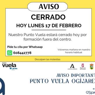 🚨 Aviso importante sobre el Punto Vuela:  
  
🗓 Hoy, lunes 17 de febrero, permanecerá cerrado por formación fuera del centro. Volverán mañana,18 d...