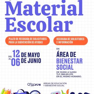 🎒 Ayudas para material escolar 2025  
Desde el 12 de mayo al 6 de junio estará abierto el plazo para solicitar las subvenciones destinadas a mater...