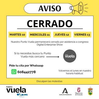 📌 AVISO IMPORTANTE  
  
El Punto Vuela de Ogíjares permanecerá cerrado por formación los días:  
  
📅 Martes 10, miércoles 11, jueves 12 y vierne...