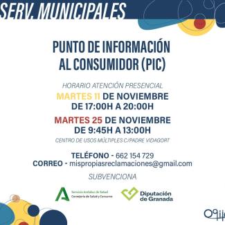 ℹ️ Punto de Información al Consumidor (PIC) en Ogíjares  
  
📅 Atención presencial:  
Martes 11 de noviembre → 17:00 a 20:00 h  
Martes 25 de novi...