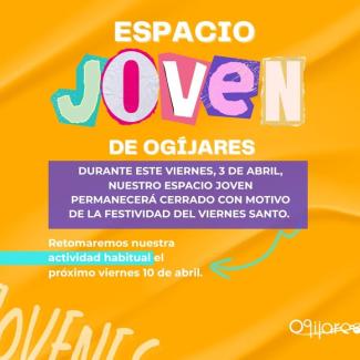 📢 ¡Atención, jóvenes!  
  
Con motivo de la festividad del Viernes Santo, el Espacio Joven de Ogíjares permanecerá cerrado este viernes.  
  
📅 E...