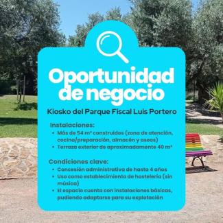 🚧 Nueva oportunidad de negocio en Ogíjares  
  
Abrimos el proceso de licitación para la explotación del kiosco-bar del Parque Fiscal Luis Portero...
