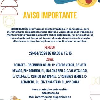⚠️ Aviso de interrupción temporal del suministro eléctrico  
  
E-Distribución informa de un corte programado de suministro por trabajos de manteni...