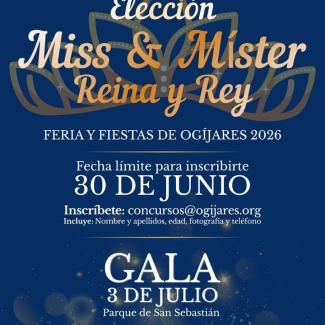 👑 ¡Buscamos a la Miss, el Míster, la Reina y el Rey de las Fiestas de Ogíjares 2026!  
   
Ya está abierto el plazo de inscripción para participar...
