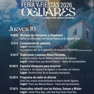 🎉 ¡Ogíjares ya está de fiesta!  
  
Este jueves vivimos  el comienzo oficial con actividades infantiles, el pregón, el concierto de la Banda Sinfó...