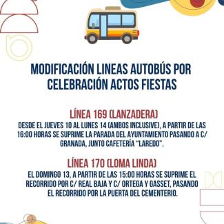🚍 MODIFICACIÓN DE LÍNEAS DE AUTOBÚS  
Con motivo de la celebración de los actos de las Fiestas  
  
📍 LÍNEA 169 · LANZADERA  
  
📅 Del jueves 10...