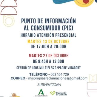 📢 El Punto de Información al Consumidor (PIC) atenderá presencialmente en Ogíjares los próximos días:  
  
📅 Martes 13 de octubre, de 17:00 a 20:...