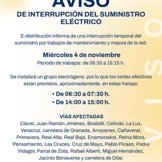 ⚠️ Aviso de interrupción del suministro eléctrico en Ogíjares.  
  
E-distribución realizará trabajos de mantenimiento y mejora de la red el miérco...