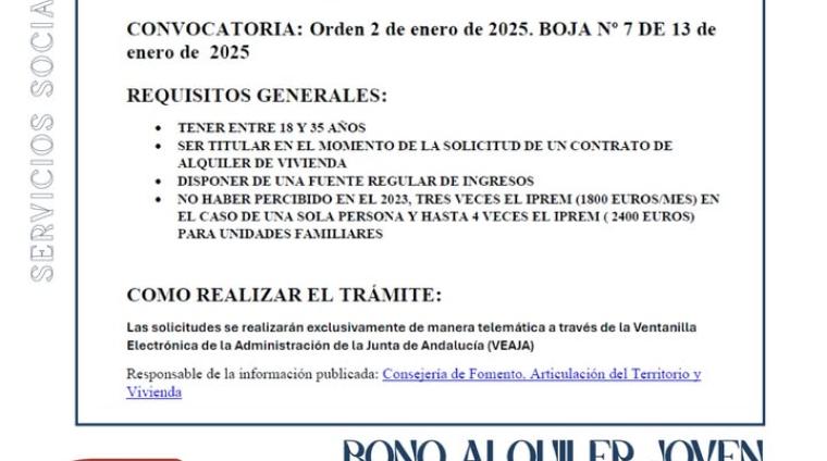 📢 ¡Solicita ya el Bono Alquiler Joven 2025! 🏠💶  
  
Hasta 250 € al mes durante 24 meses para jóvenes de hasta 35 años. Plazo abierto hasta el 30...