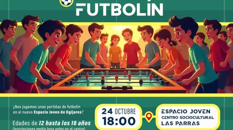 ⚽🎯 ¡Torneo de Futbolín – Viernes 24 de octubre!  
  
Si tienes entre 12 y 18 años, esta es tu cita en el Espacio Joven de Ogíjares. Pasa una tard...