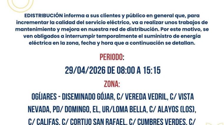⚠️ Aviso de interrupción temporal del suministro eléctrico  
  
E-Distribución informa de un corte programado de suministro por trabajos de manteni...